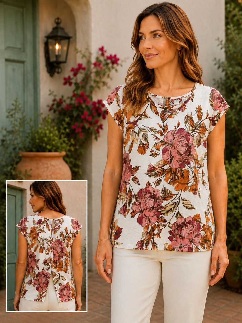 Nicole Miller New York Large 100% Linen Floral Top Blouse Cap Sleeve Button Back
